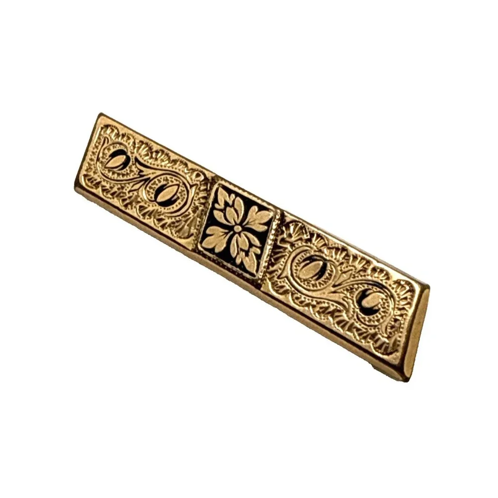 Antique Victorian Gold Filled Taille D'epargne Bar Brooch Black Enamel Ornate